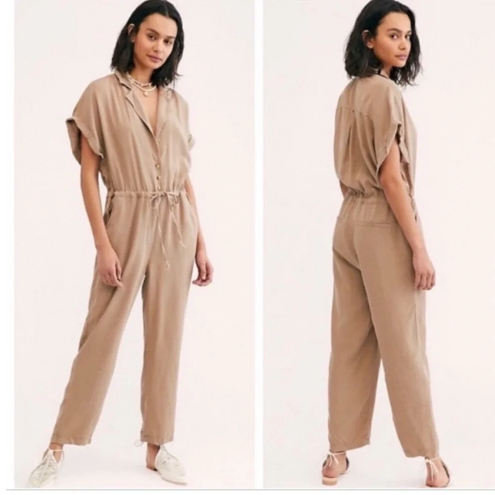 Free People | Woman's‎ Lottie Brown Short Sleeve Drawstring Utility Jumpsuit, S